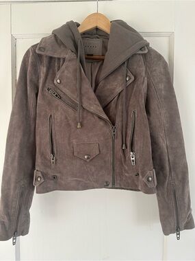Anthropologie Blank NYC Suede Hooded Moto Jacket in Taupe Gray